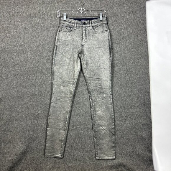 NYDJ Alina Legging Jeans Metallic Silver Size 2 Long Skinny Denim Womens Pants - Picture 1 of 13